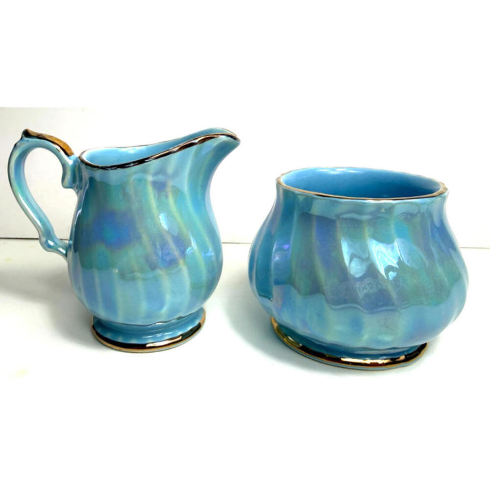 Vtg Sadler 2746 Teapot Gold Trim Aqua Blue Iridescent Cream Sugar Set Swirl